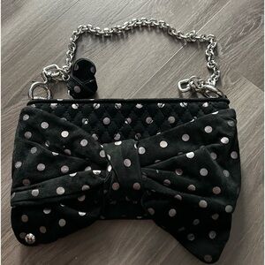 Free Gift! Juicy Couture Black Cross Stitched Bow Polka Dot Suede Shoulder Bag